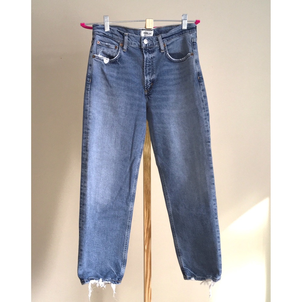 AGOLDE Blue Wash Denim Jeans High Rise Distressed Cropped Raw Hem Size 27